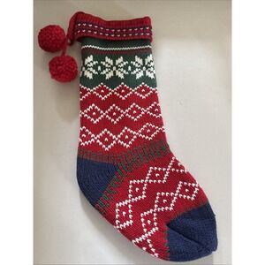 Target Wondershop Knit Fair Isle Holiday Christmas Stocking Blue Red White Poms